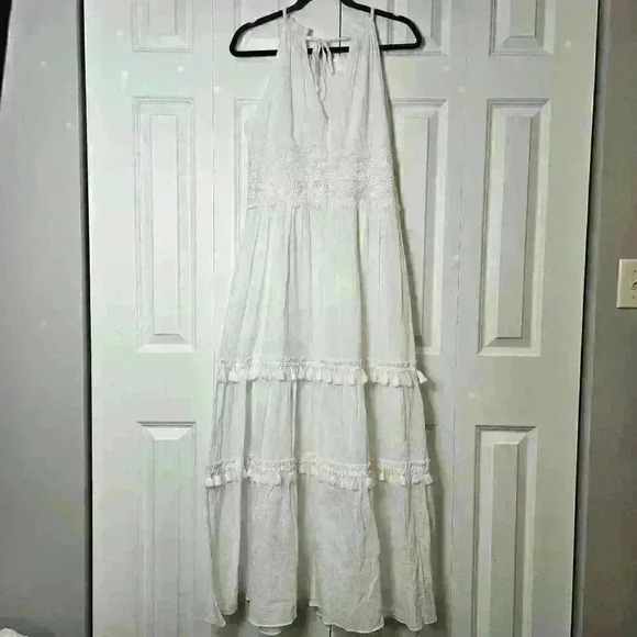 Eliza J White Halter Maxi Dress Sleeveless 10 Petite Tassel - Picture 2 of 9